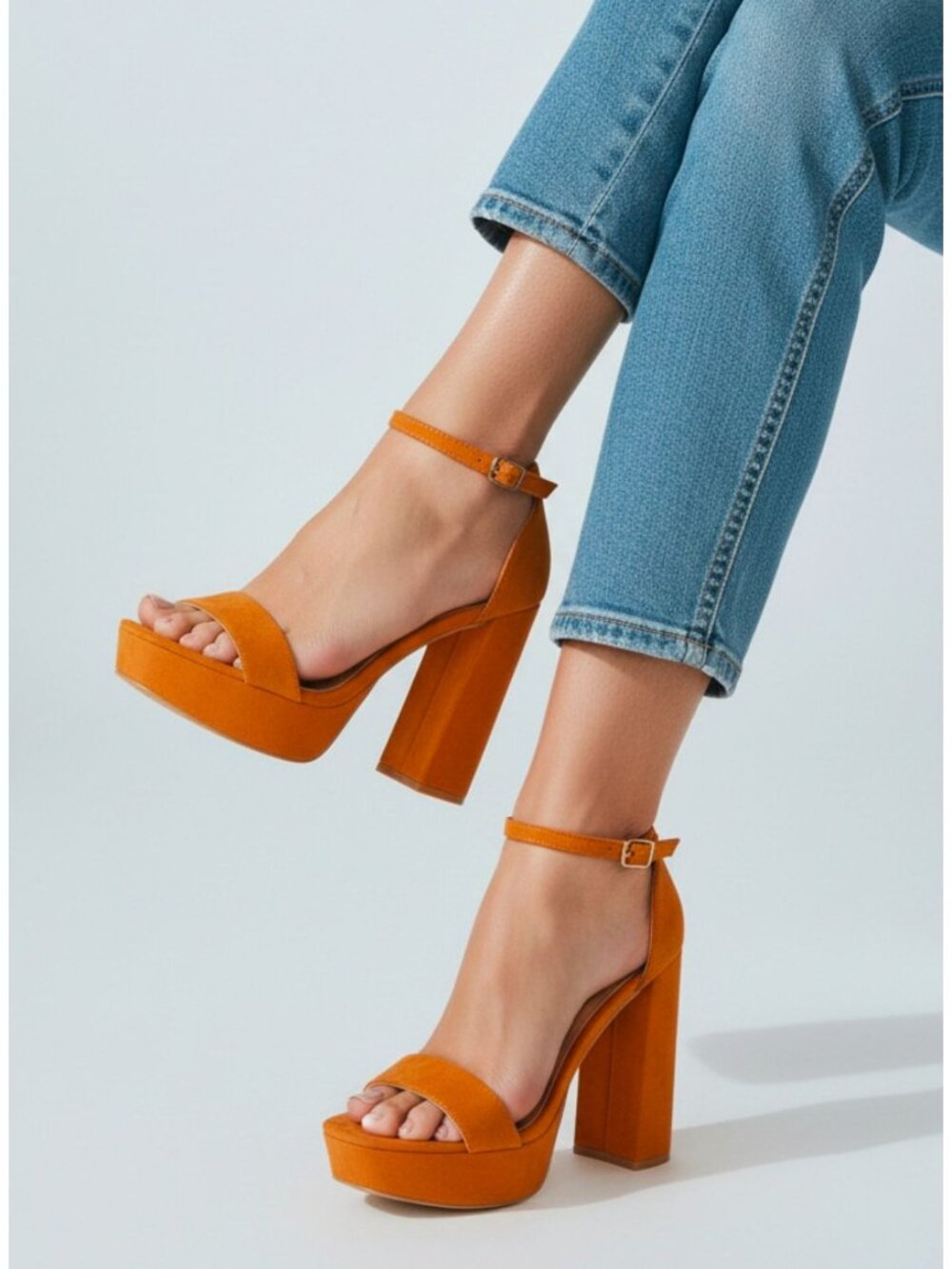 Chunky Block Heels In Camel Faux Suede With Adjustable Ankle Strap Womens Platfo